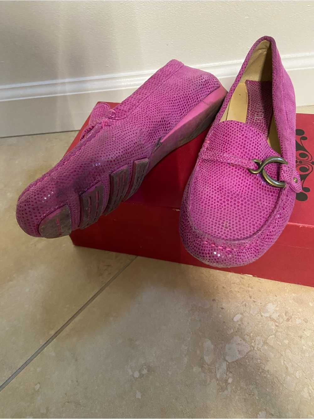 Vaneli Pink Suede Driving Loafers with Metal Bit